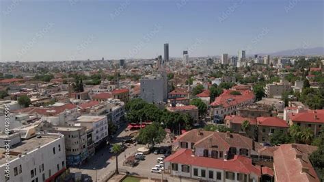 Aerial 4k Nicosia Old Town with Great Inn Büyük Han Selimiye Camii