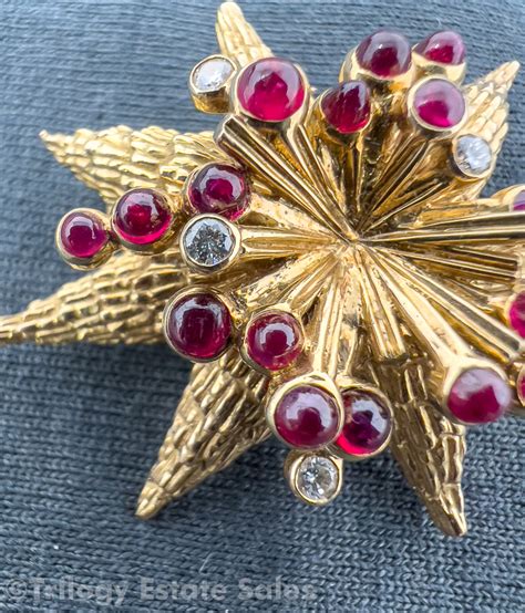 18k Gold Diamond And Ruby Starburst Brooch 16g 5694 Auctionninja