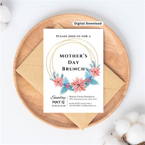 Floral Mothers Day Brunch Invitation Template Golden Mothers Day Invitation Personalized Mother