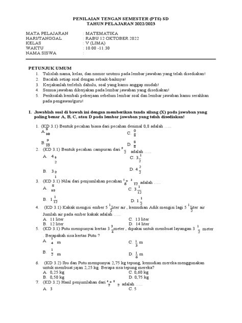 Soal And Jawaban Pts Matematika Kelas 5 Semester 1 Tahun 2021 Sinau Thewe Pdf