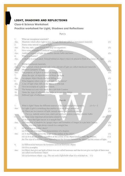 Class Science Worksheets Chapter Light Shadows And Refractions Pw