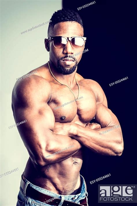 African American Bodybuilder Man Naked Muscular Torso Wearing Jeans