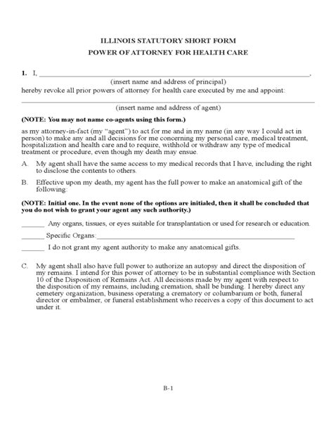 Statutory Short Form Power Of Attorney For Health Care Illinois Free