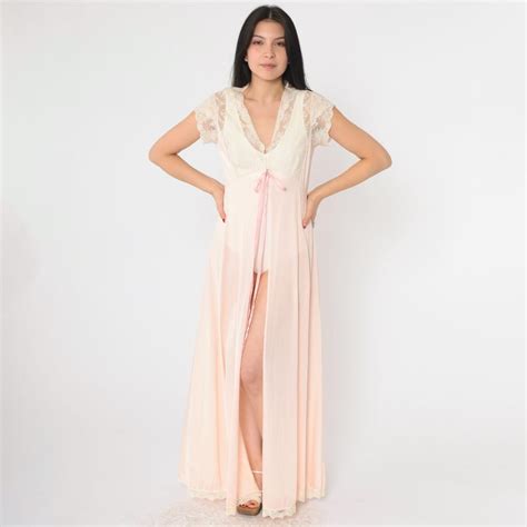 70s Long Pink Robe White Lace Short Sleeve Lingerie Jacket Robe Maxi Lingerie Nylon Peignoir