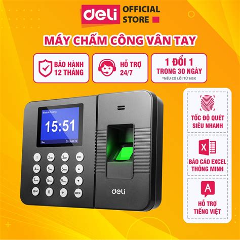 Máy Chấm Công Deli Vân Tay Nhận Diện Gương Mặt Tiếng Việt Màn Hình 24