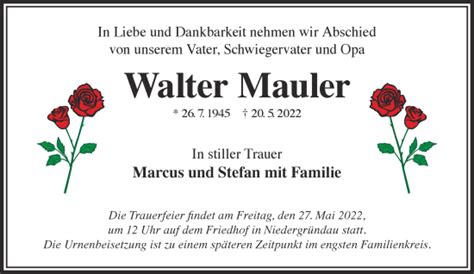 Traueranzeigen Von Walter Mauler Trauer Gnz De