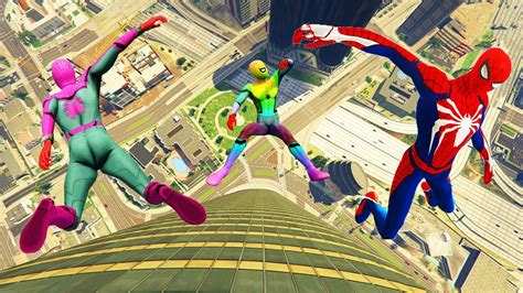 Gta Rainbow Spiderman Parkour Falling Off Highest Buildings Youtube