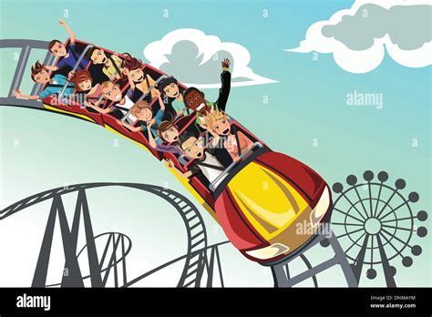 A Vector Illustration Of People Riding Roller Coaster In An Amusement