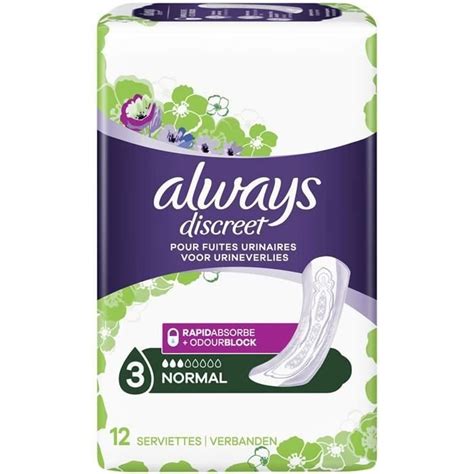 Lot De 10 Always Discreet Serviettes Hygiéniques Fuites Urinaires Normal 3 12 Serviettes