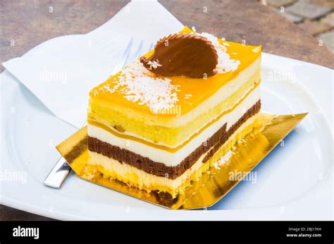 Chocolate Parfait Sponge Cake Cream And Mango With A Milk Chocolate