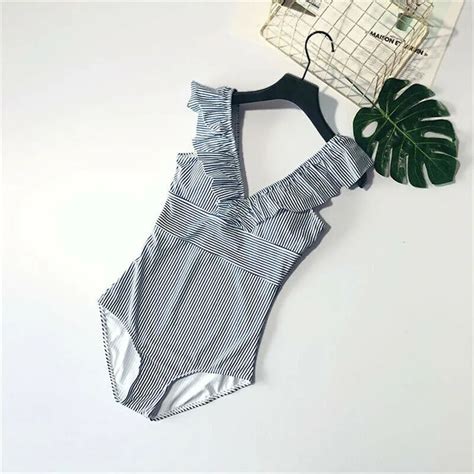 Las mujeres Bikini de rayas azules nuevo Sexy V cuello una sola pieza traje de baño alta talle