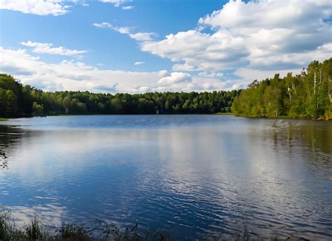 Premium Ai Image Forest Lake Under Blue Cloudy Sky