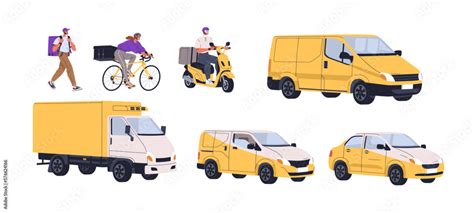 Delivery service transport types set. Walking courier, delivering on ...