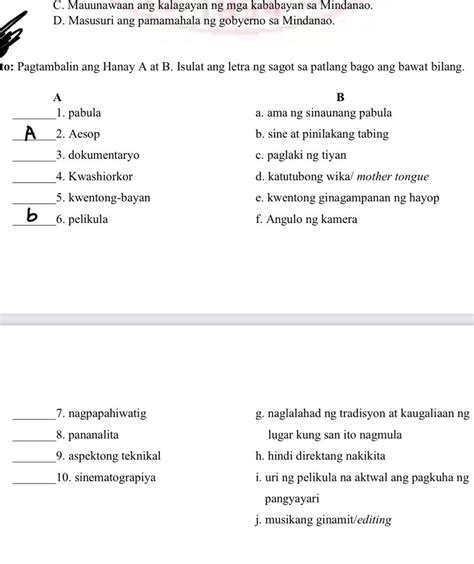 Panuto Pagtambalin Ang Hanay A At B Isulat Ang Letra Ng Sagot Sa