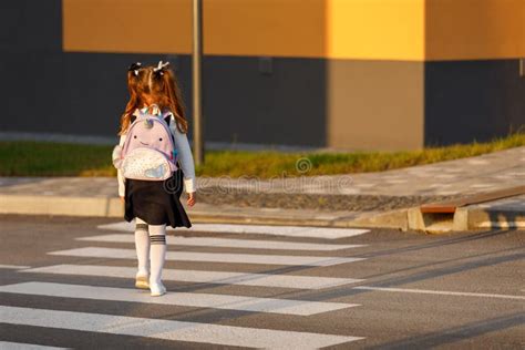 Estudante Atravessa A Estrada Numa Travessia De Pedestres Foto De Stock