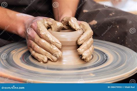 Potter S Hands Molding Clay Vase On A Potter S Wheel Tactile Process