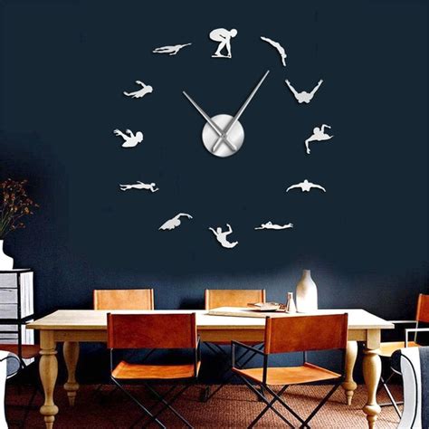 Swimming Theme Modern DIY Wall Clock With Swimmer Mirror Sticker