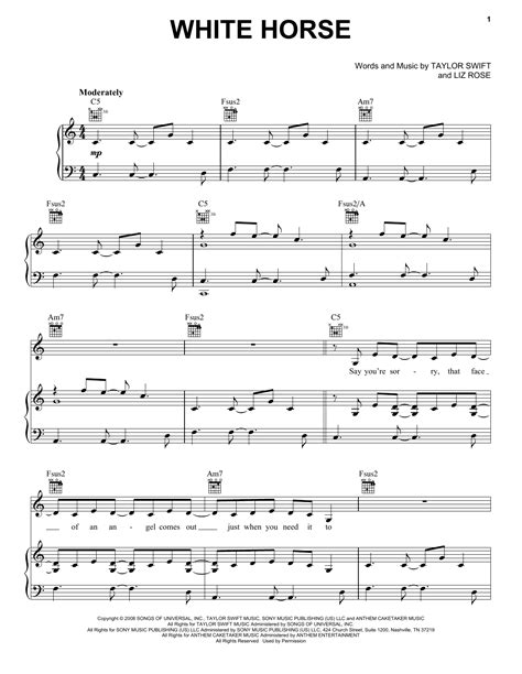 Taylor Swift "White Horse" Sheet Music PDF Notes, Chords | Country ...