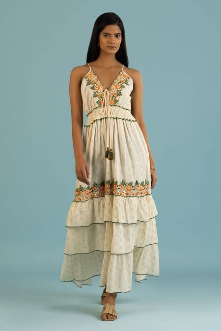 Buy White Cotton Embroidered Thread V Neck Floral Gown For Women By