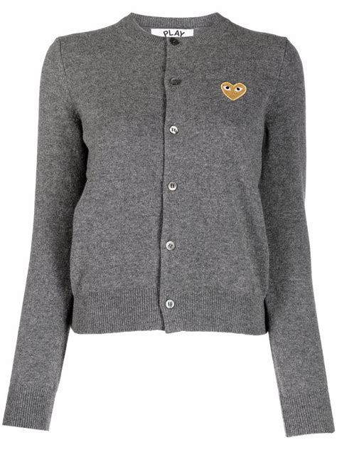 Comme Des Gar Ons Play Embroidered Heart Wool Knit Cardigan Grey