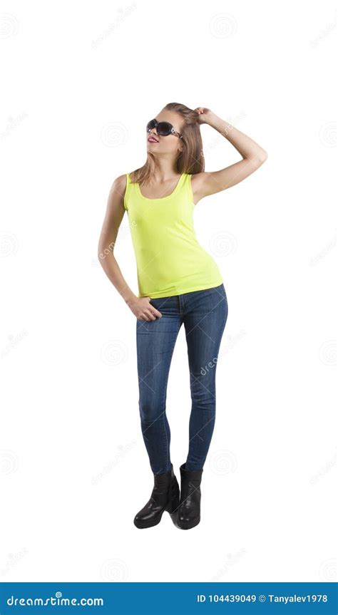 Beautiful Slim Fashionable Girl Jeans Glasses Isolated Stock Image