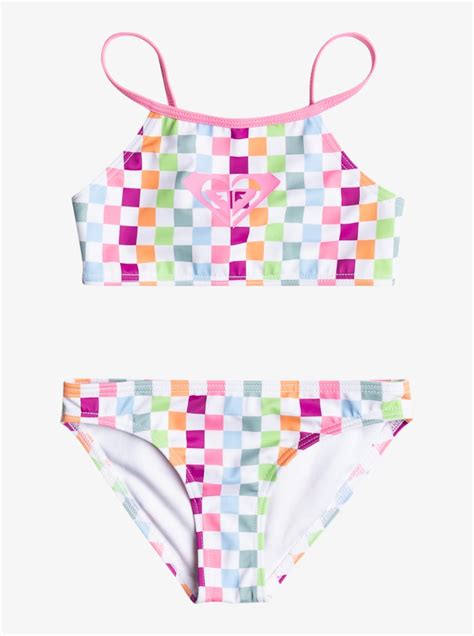Women Roxy Swim Girls 2 7 Rainbow Check Two Piece Crop Top Bikini Set Bright White Check