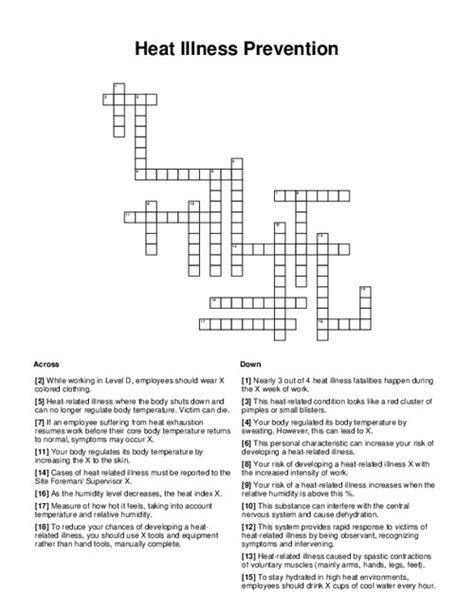 Heat Illness Prevention Crossword Puzzle