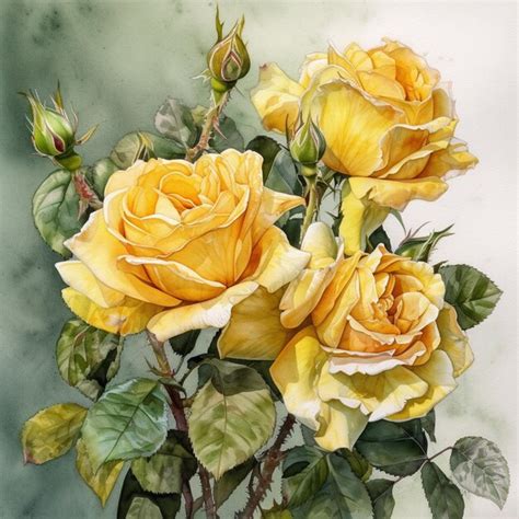 Premium Photo A Painting Of Yellow Roses With Green Leaves