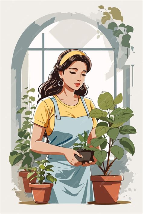 Premium Vector | Illustration of a young woman caring for her plants