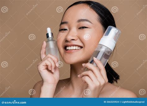 Positive Asian Woman With Naked Shoulders Stock Photo Image Of Brown