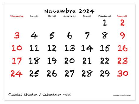 Calendrier Novembre 2024 46DS Michel Zbinden CH