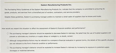 Solved Eastern Manufacturing Products Inc The Purchasing Chegg