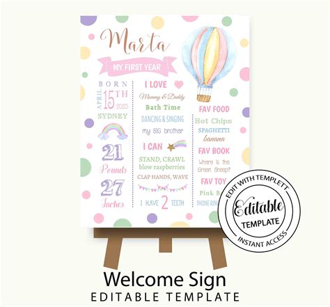 Hot Air Balloon First Birthday Milestone Sign Up Up Away Printable Sign Template Sky Baby S St