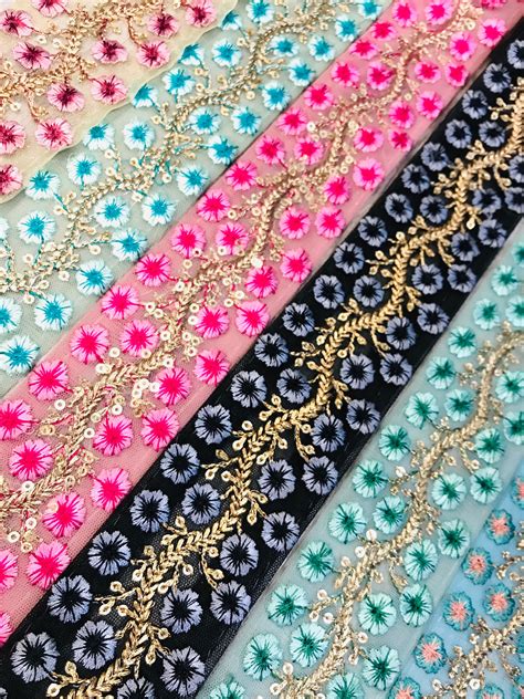 Papercraft Floral Net Fabric Trim Multi Colour Embroidered Sari Border