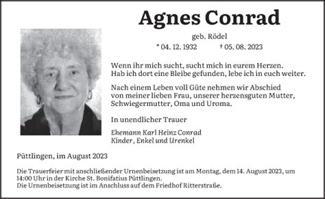 Traueranzeigen Von Agnes Conrad Saarbruecker Zeitung Trauer De