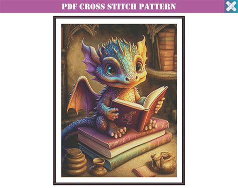 Cute Baby Dragon Reading A Book Fantasy Full Coverage Cross Etsy