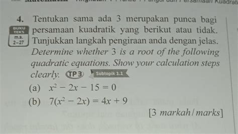 Solved Samaan Kuadrat Tentukan Sama Ada Merupakan Punca Bagi Buku