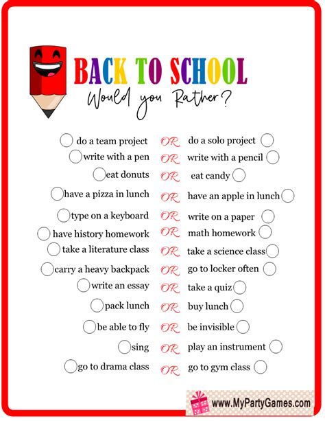 Free Printable Back To School Would You Rather Game