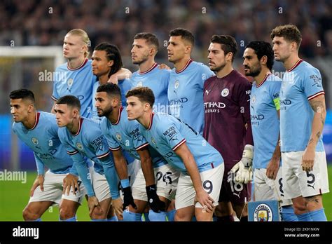 Manchester City players pose for a team photo ahead of the UEFA Champions League group G match ...