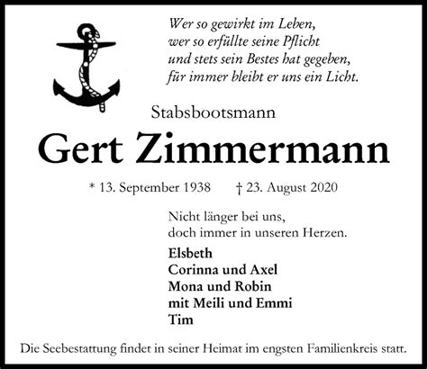 Traueranzeigen Von Gert Zimmermann Trauer Anzeigen De