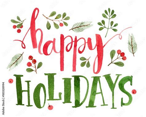 Happy Holidays Card Watercolor Illustration And Lettering Stock