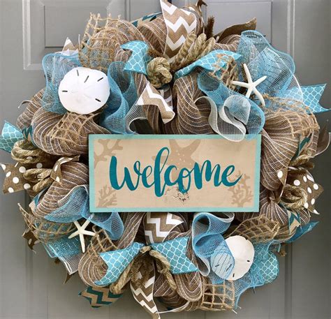 Welcome Beach Burlap Deco Mesh Wreath With Sea Shells Seashell Wreath