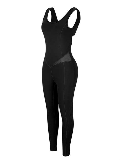 Black Running Bodysuit Wide Strap Ankle Length For Exercising