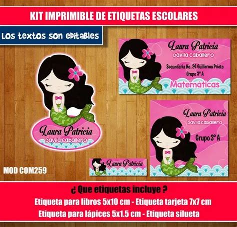 Kit Imprimible Etiquetas Escolares Sirena Pelo Negro Calcoma Cuotas