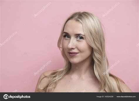 Beautiful Blond Woman With Naked Shoulders On Pastel Pink Background Beauty Cosmetics And Skin