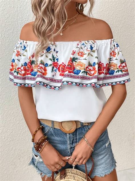 Shein Vcay Floral Print Off Shoulder Ruffle Trim Blouse Shein Usa