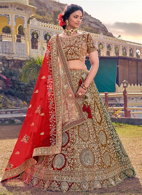 Buy Bridal Wear Multi Color Thread Work Velvet Lehenga Choli Online