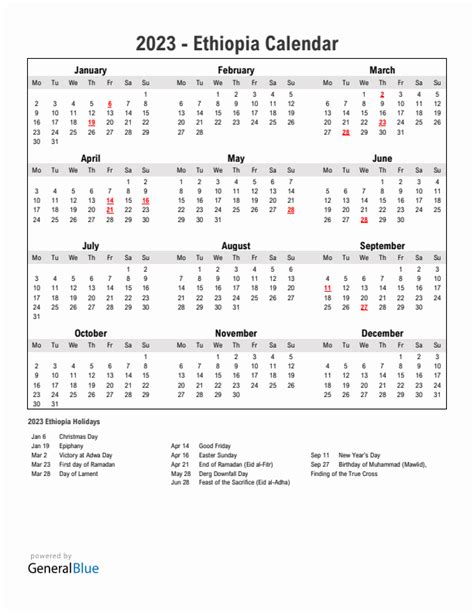 2023 Ethiopia Calendar with Holidays