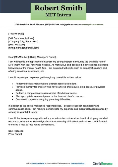 Mft Intern Cover Letter Examples Qwikresume