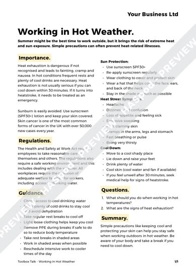 Working In Hot Weather Toolbox Talk Template Haspod